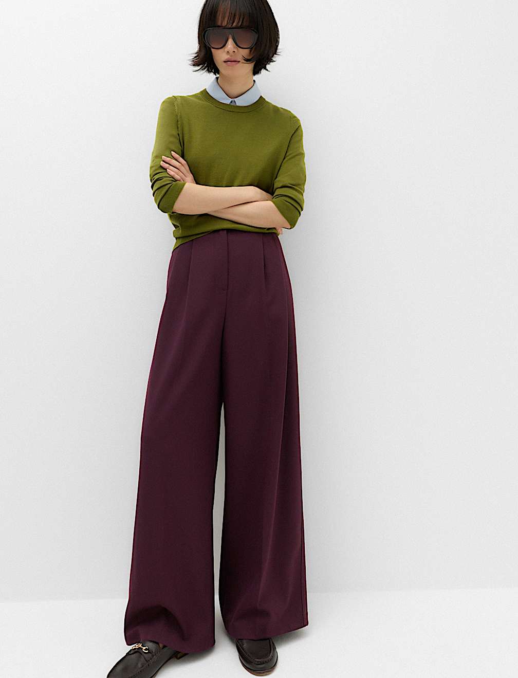 Double Pleated Side Tab Wide Leg Trousers