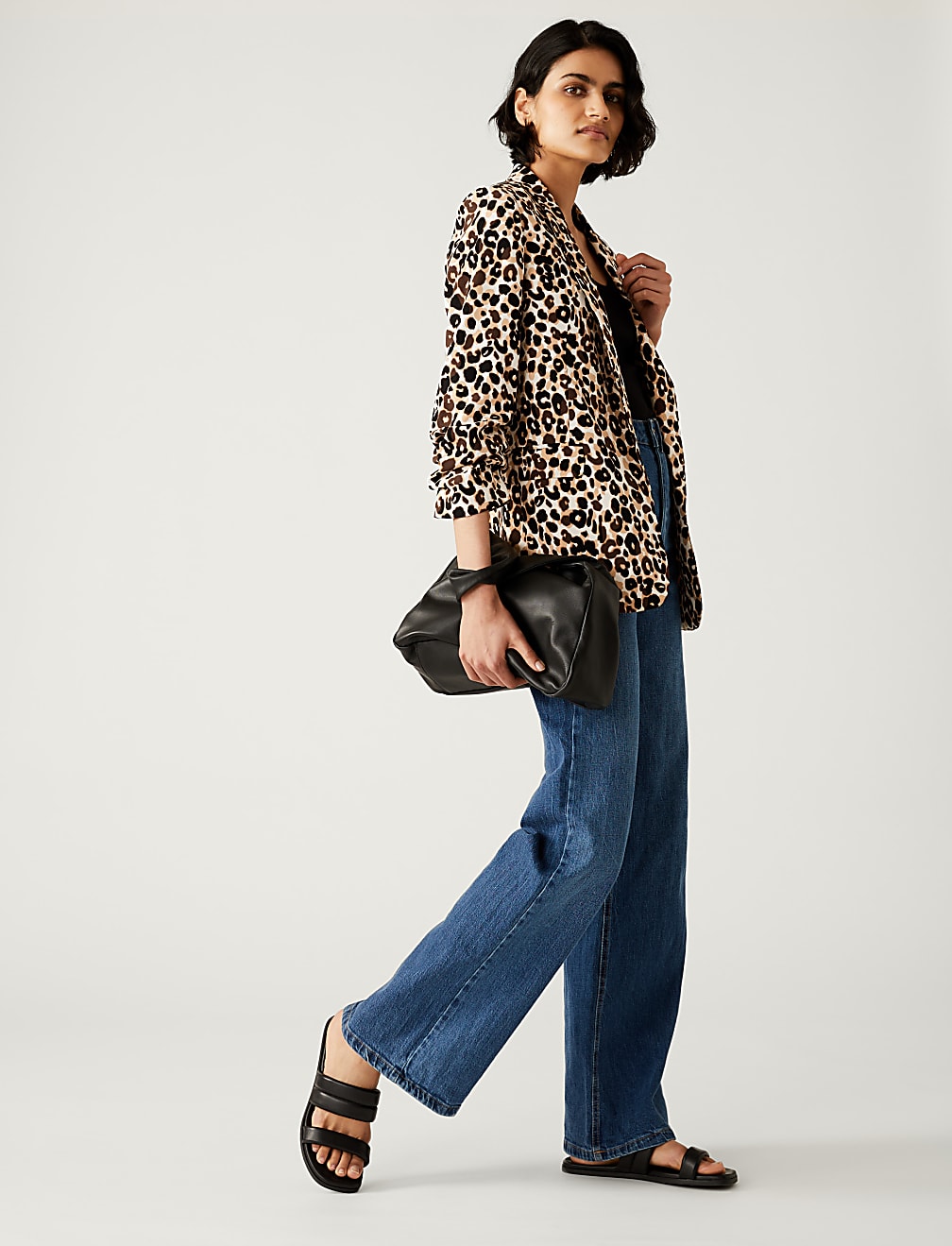 Relaxed Animal Print Ruched Sleeve Blazer