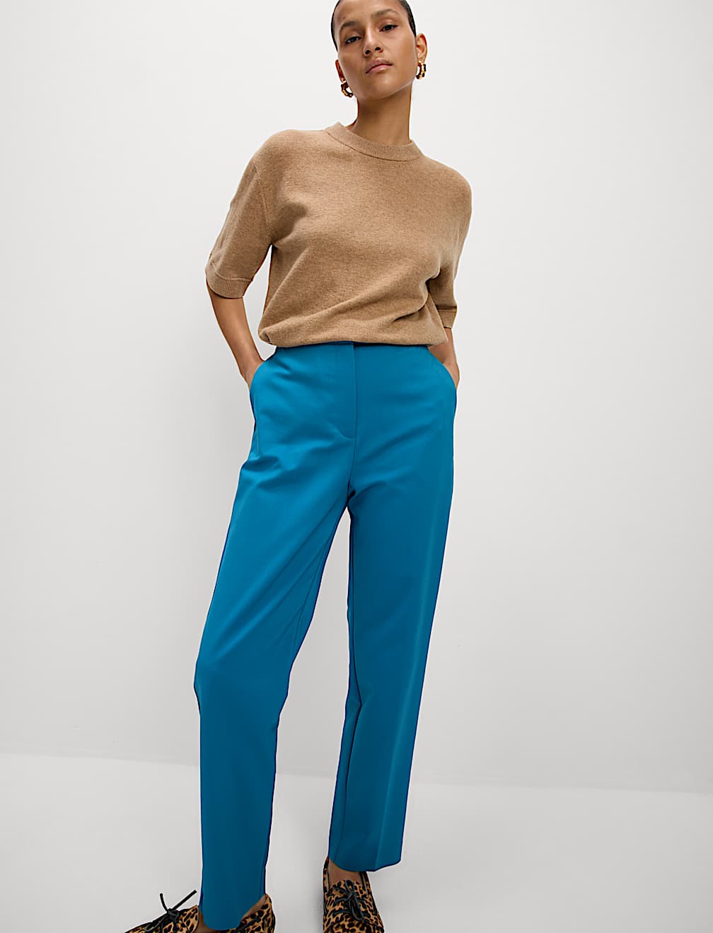 Cotton Blend Slim Fit Ankle Grazer Trousers