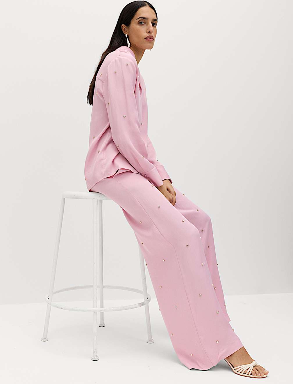 Satin Embellished Relaxed Straight Trousers