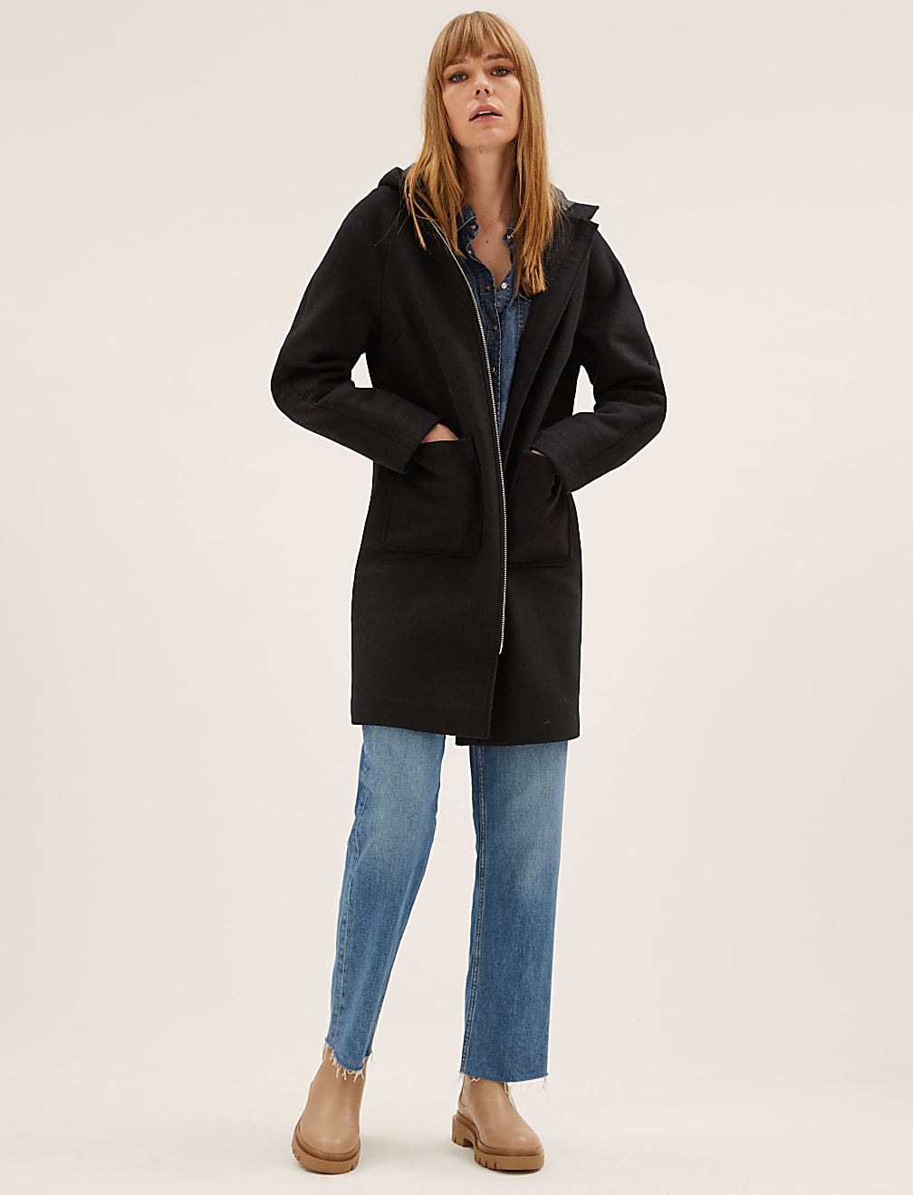 Wool Blend Hooded Coat