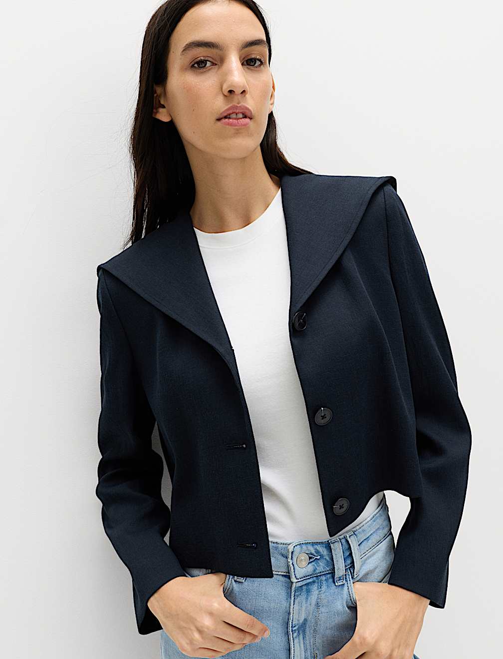 Collared Short Sailor Jacket with Linen