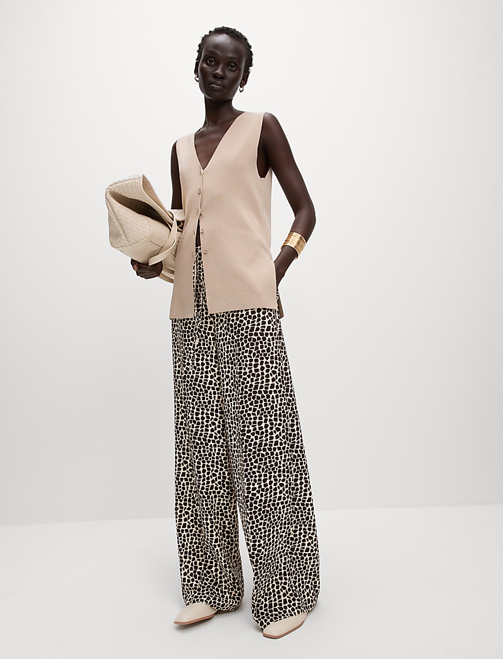 Animal Print Drawstring Wide Leg Trousers