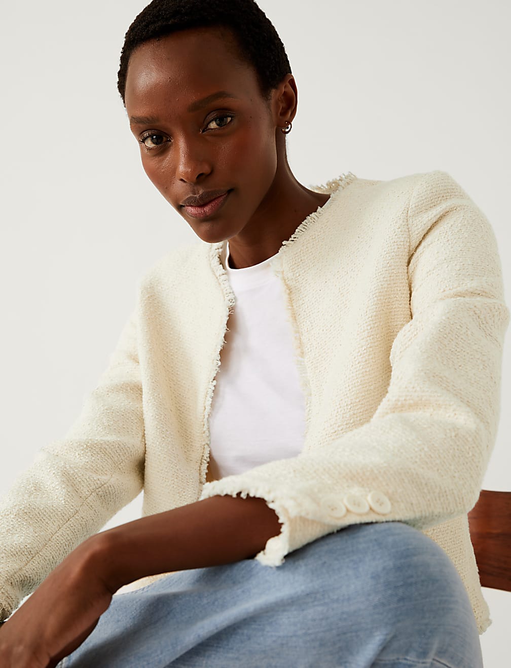 Pure Cotton Tweed Collarless Short Jacket