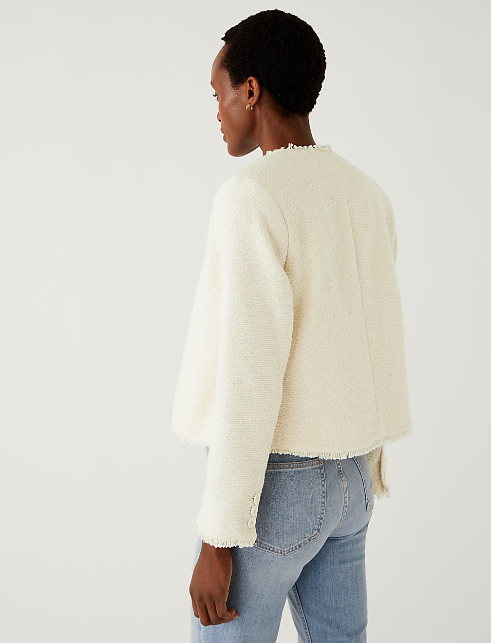 Pure Cotton Tweed Collarless Short Jacket