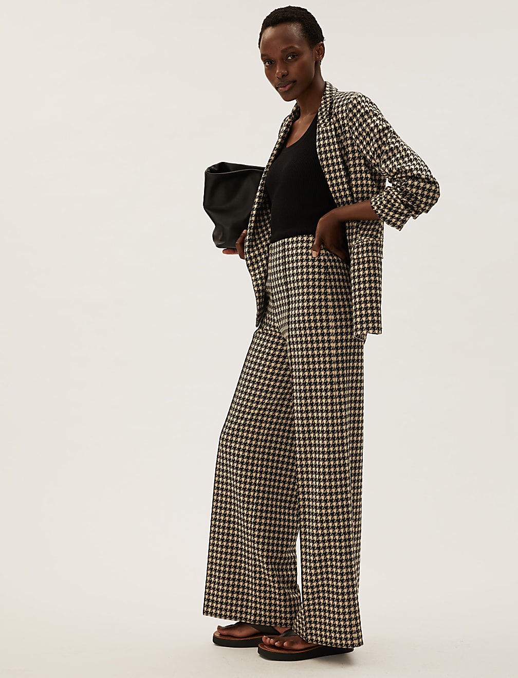 Jersey Dogtooth Ruched Sleeve Blazer Jacket