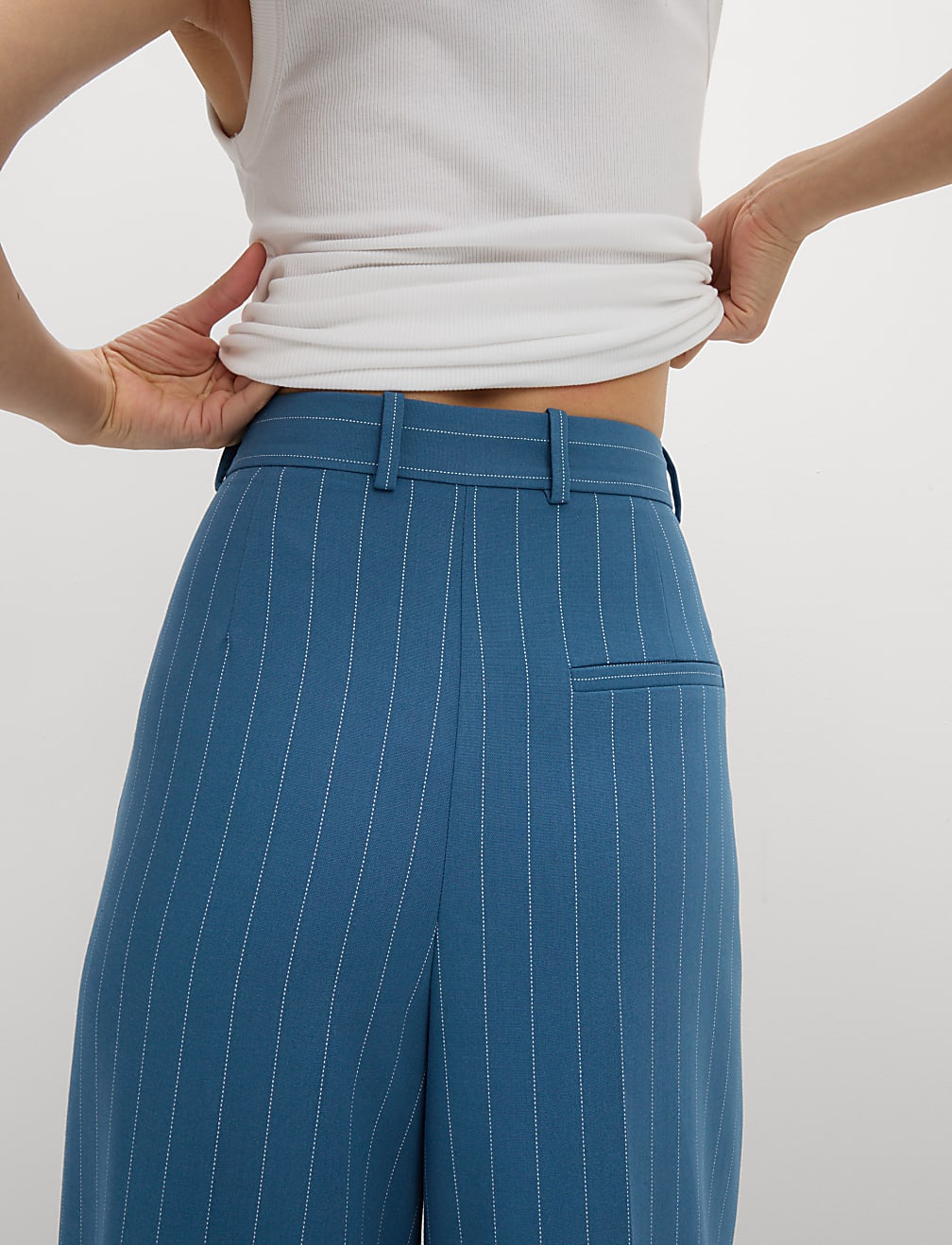 Pinstripe Pleat Front Wide Leg Trousers