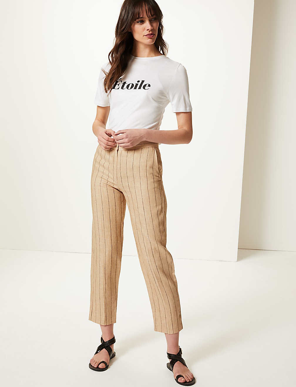 Pure Linen Striped Ankle Grazer Trousers