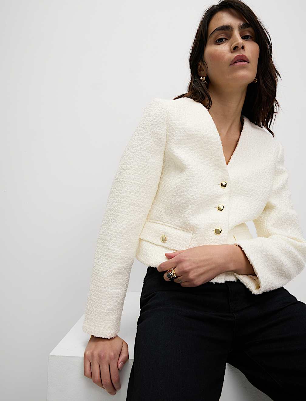 V Neck Fringe Tweed Jacket