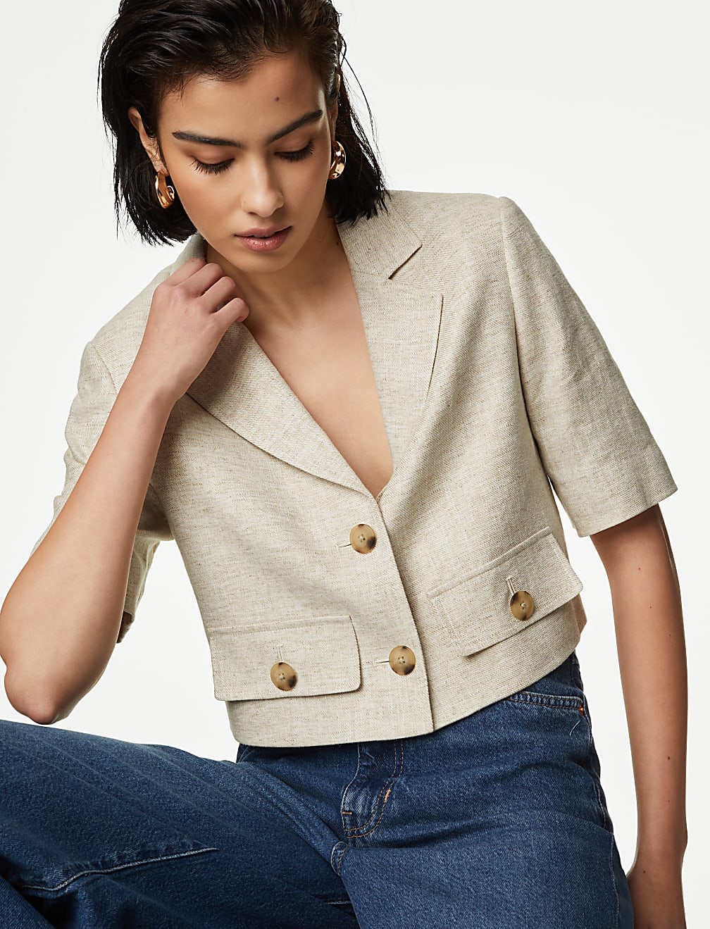 Buy Linen Blend Short Sleeve Cropped Blazer at Marks & Spencer