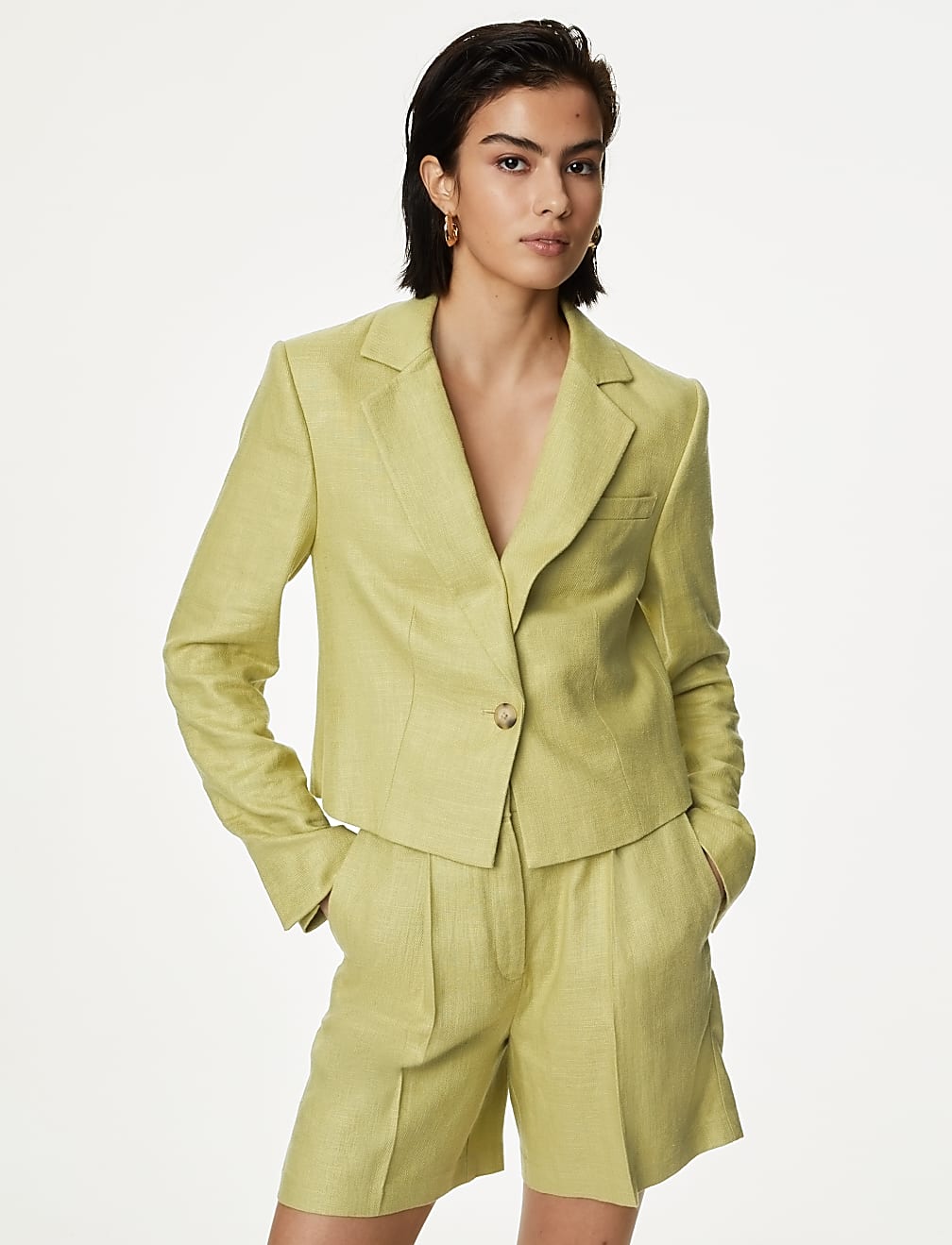 Linen Blend Revere Collar Cropped Blazer