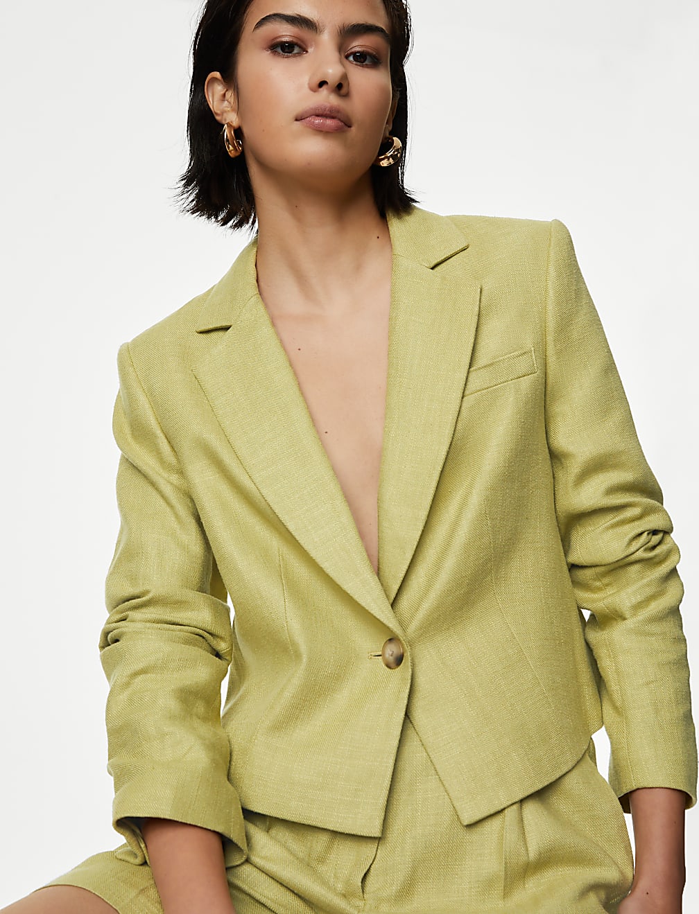 Linen Blend Revere Collar Cropped Blazer