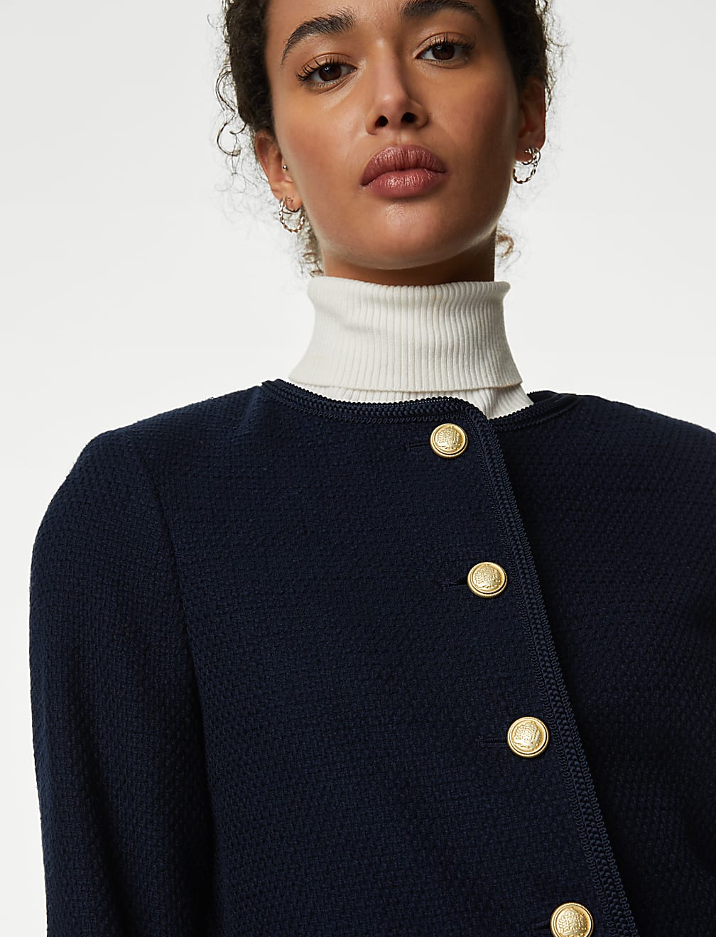 Pure Cotton Tweed Collarless Short Jacket