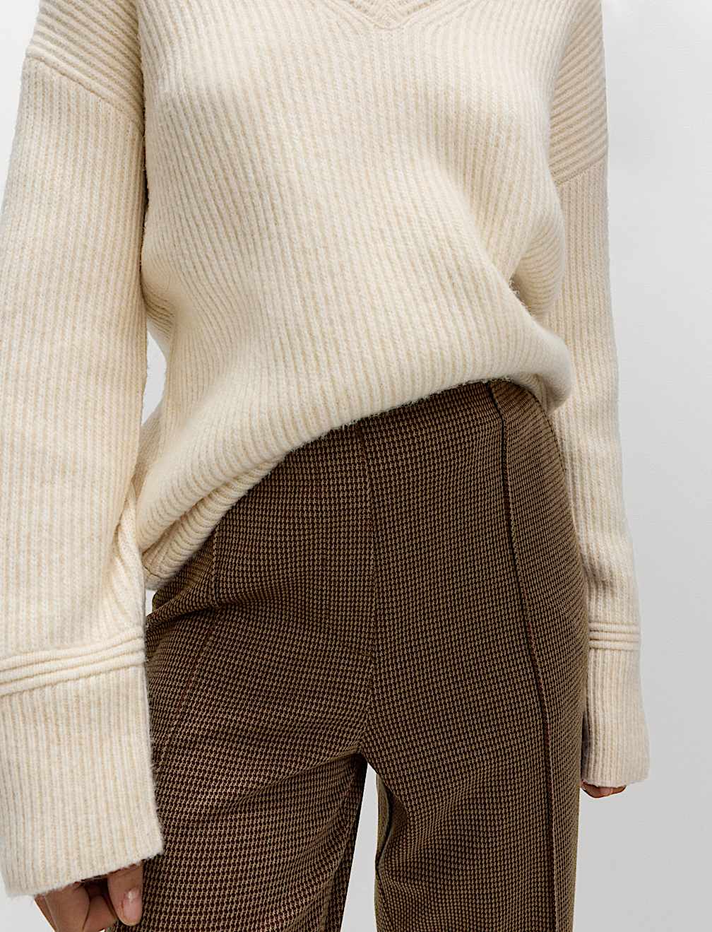 Jersey Twill Checked Straight Leg Trousers