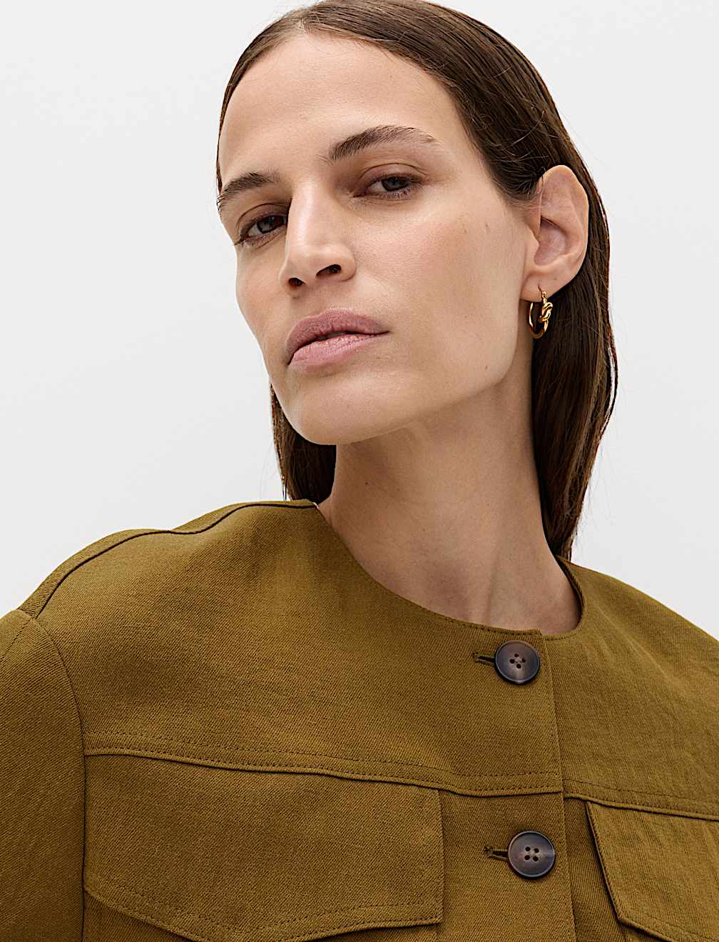 Collarless Utility Jacket With Linen