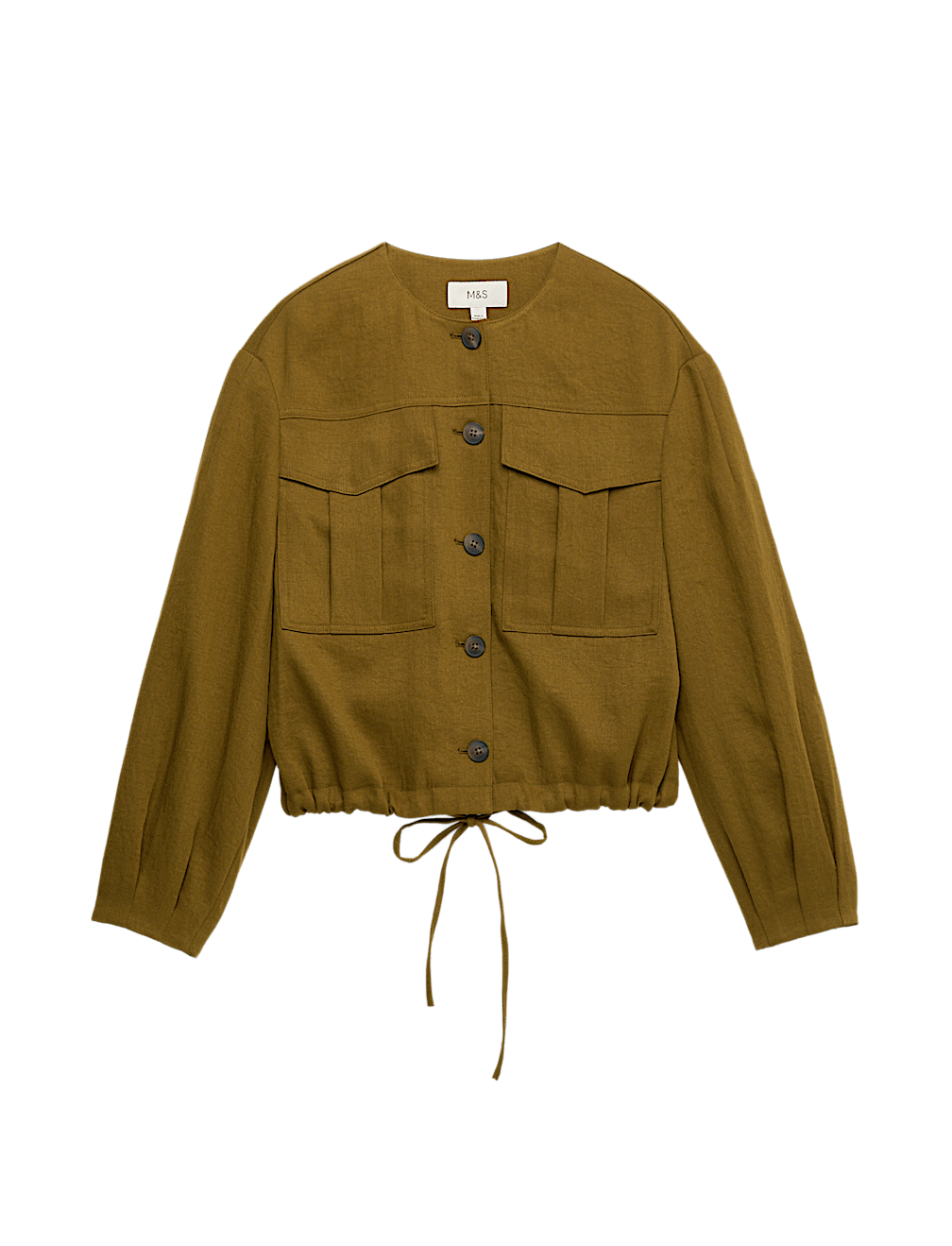 Collarless Utility Jacket With Linen