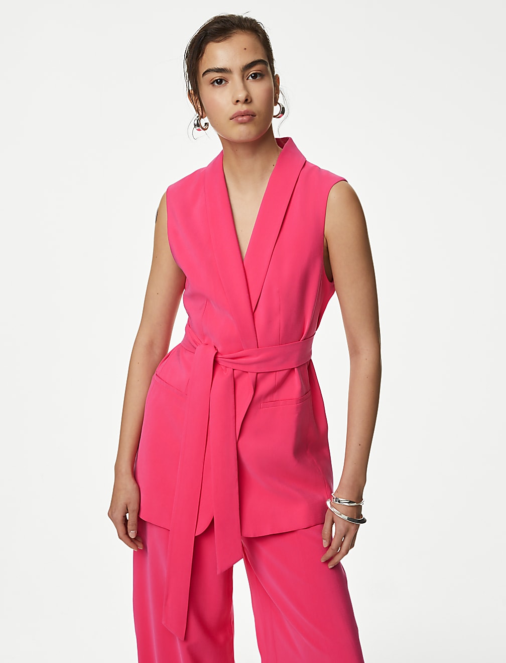 Satin Look Belted Longline Waistcoat