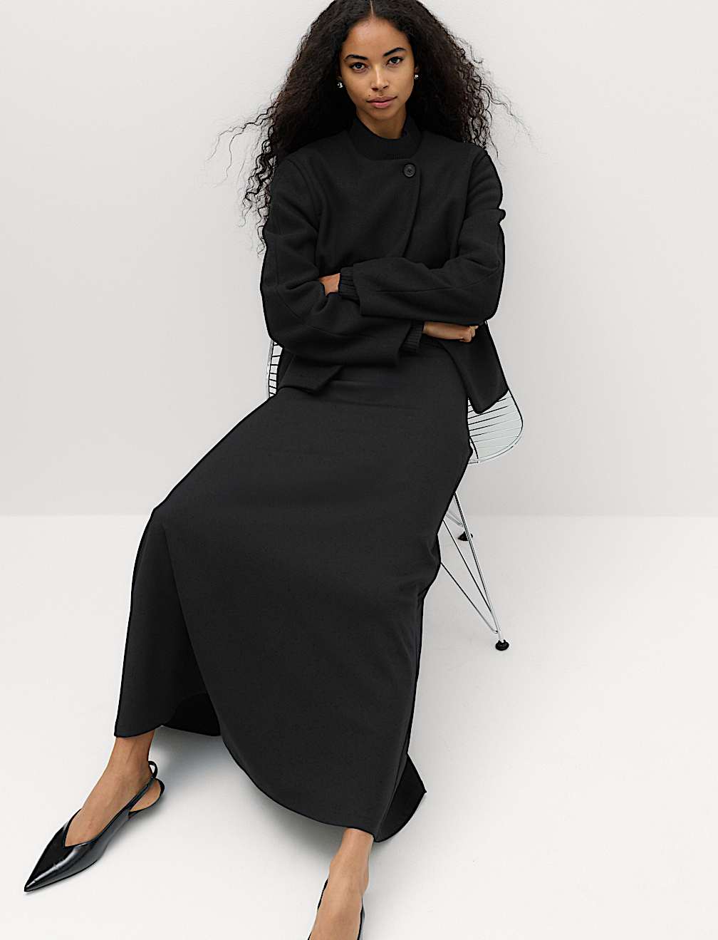 Collarless Short Button Through Jacket with Wool
