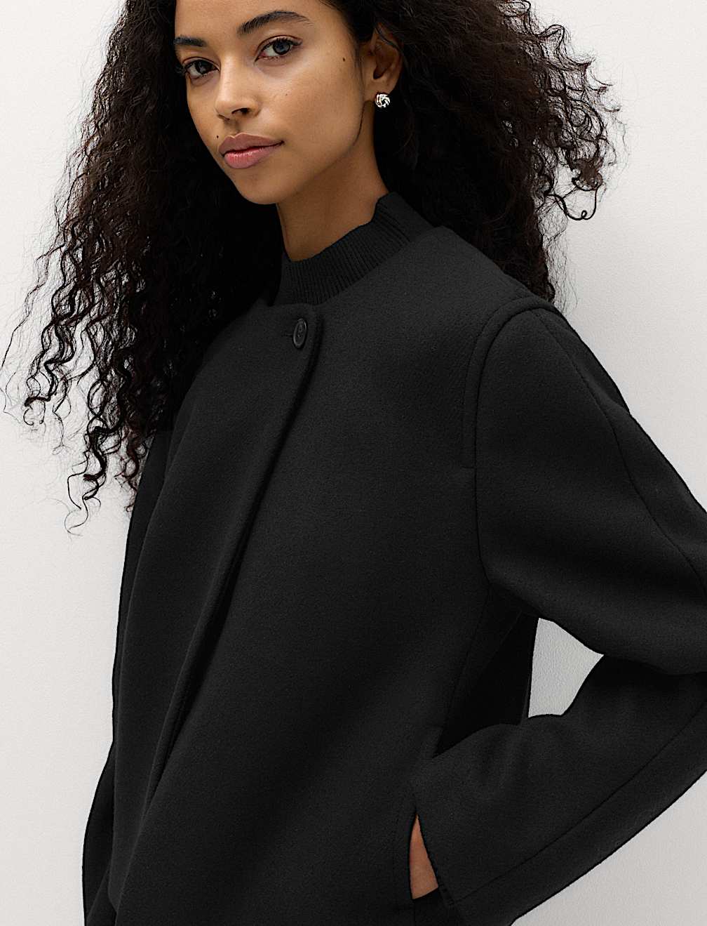 Collarless Short Button Through Jacket with Wool