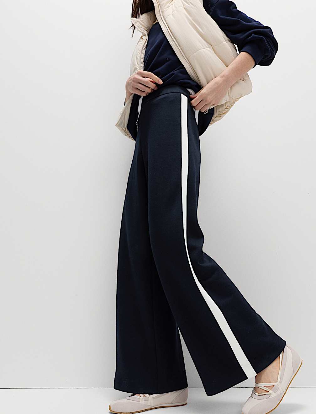 Pique Side Stripe Wide Leg Trousers