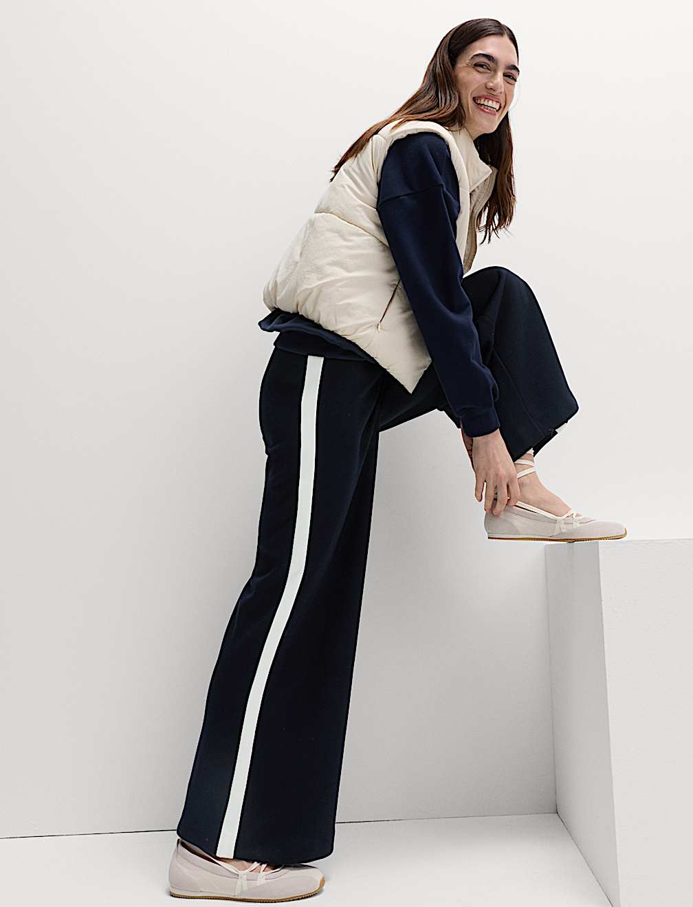 Pique Side Stripe Wide Leg Trousers