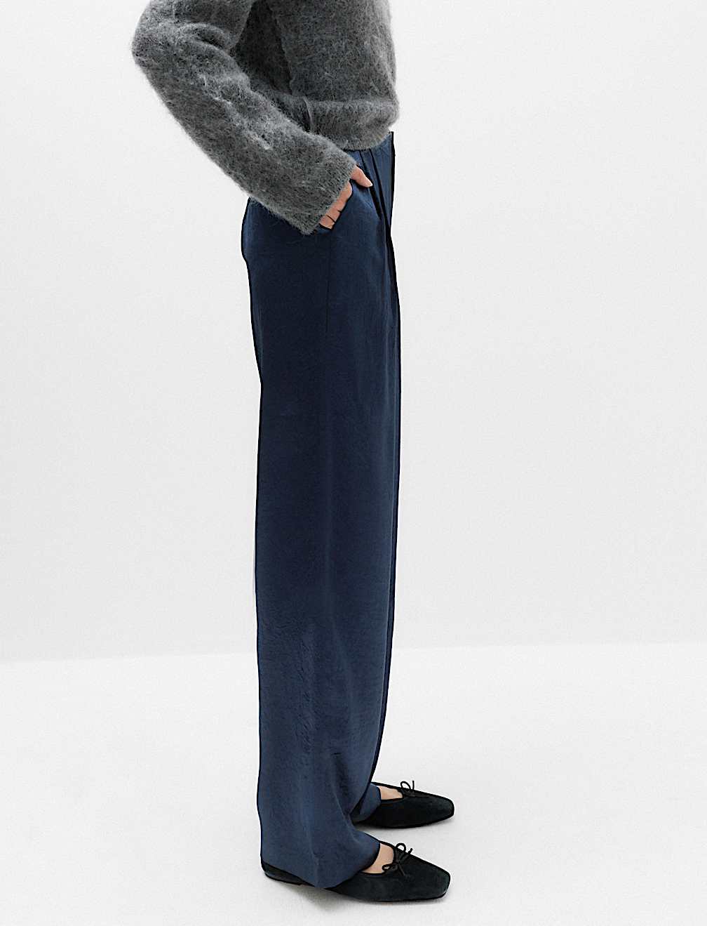 Satin Pleated Straight Leg Trousers