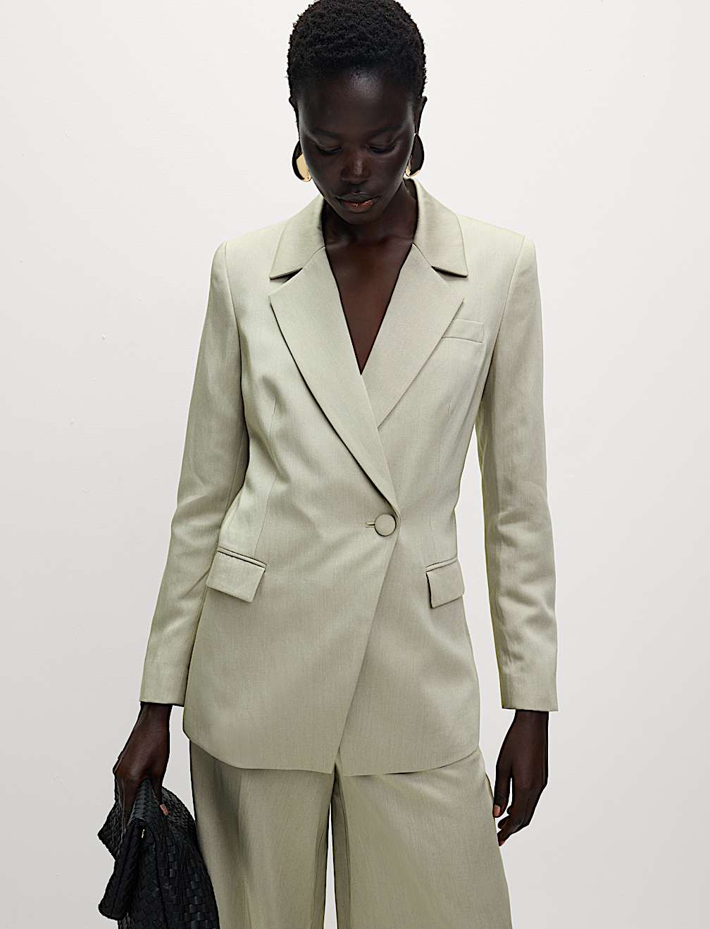 Linen Blend Single Breasted Cinched Waist Longline Blazer