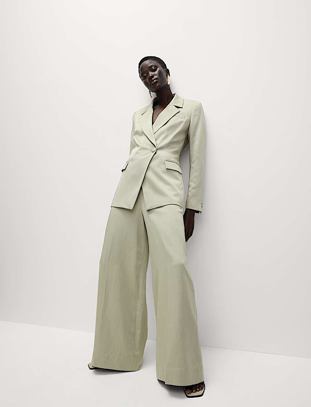 Linen Blend Single Breasted Cinched Waist Longline Blazer