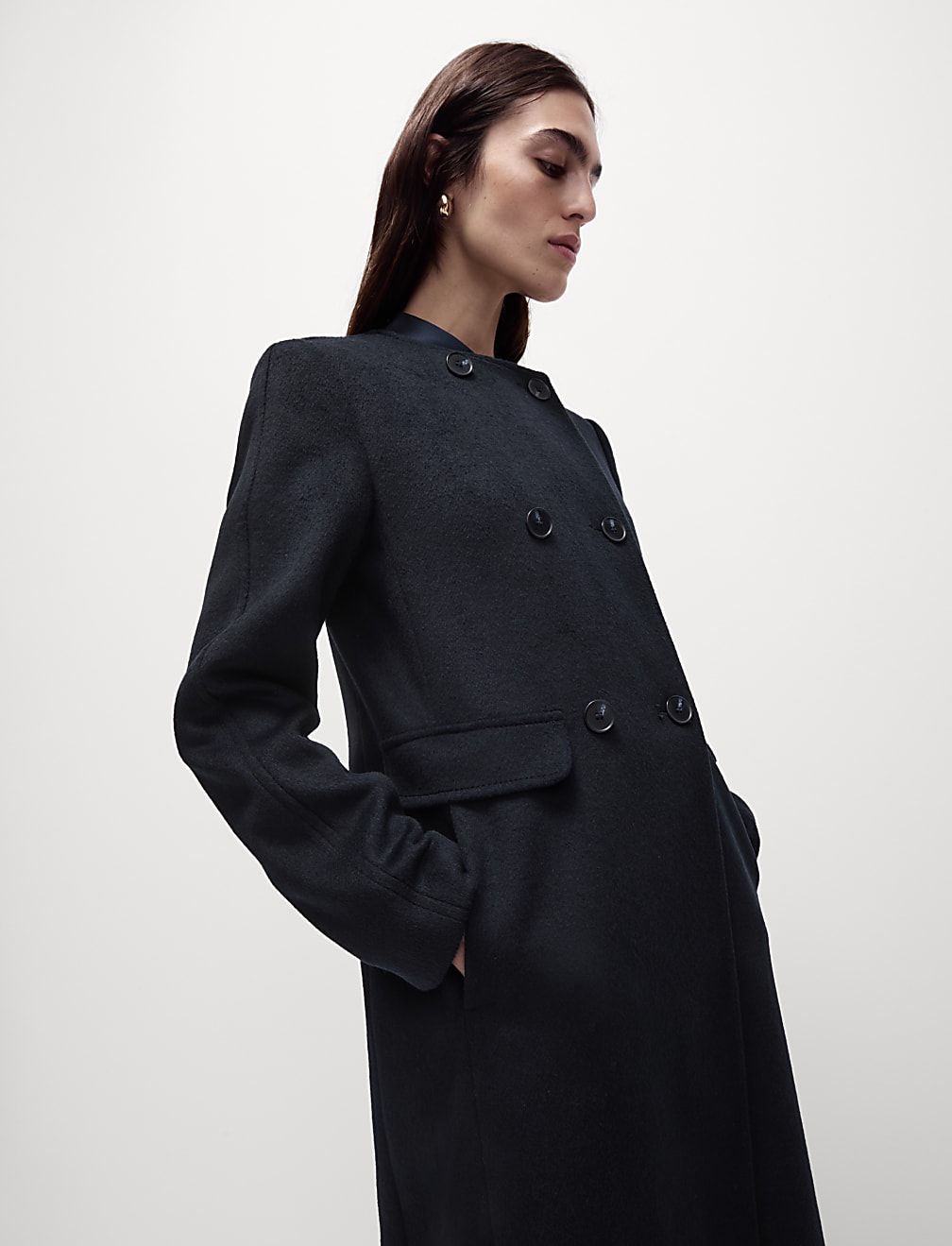 Wool Blend Collarless Longline Coat