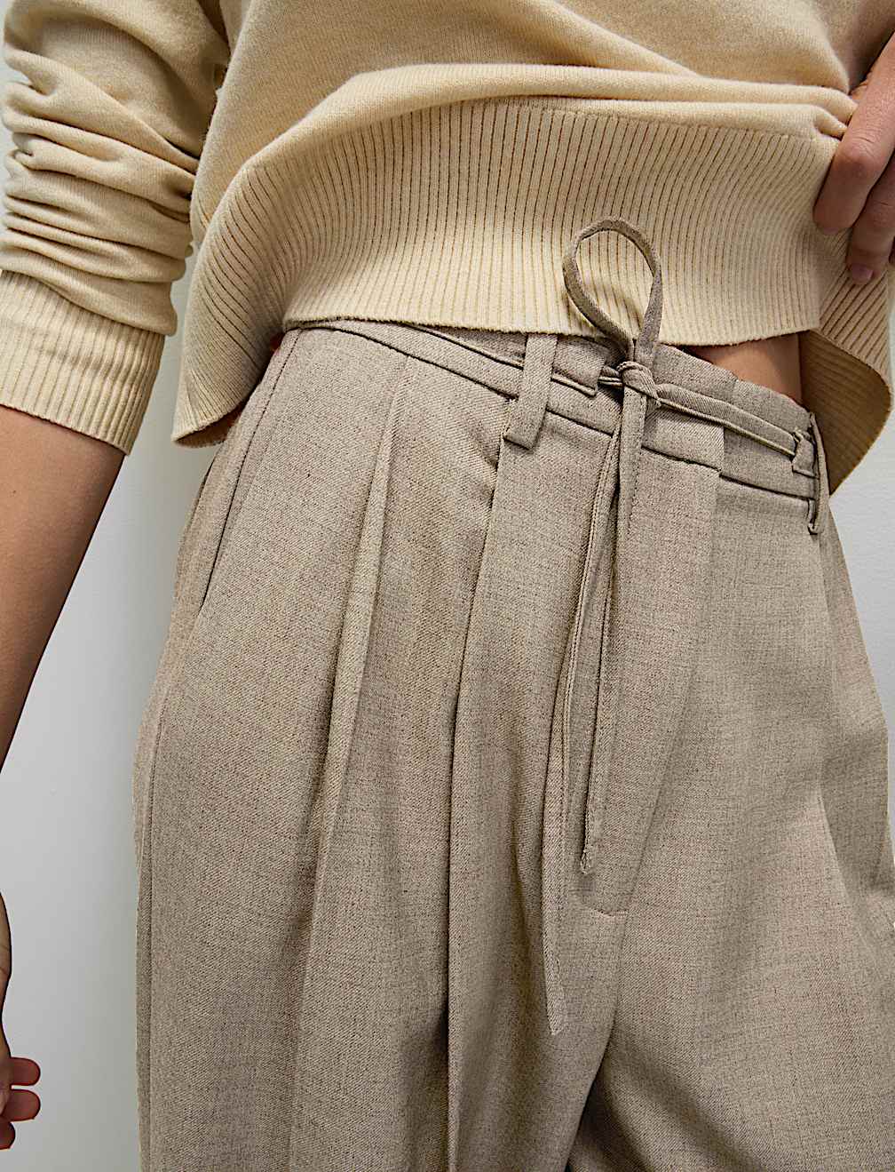 Pleat Front Drawstring Wide Leg Trousers