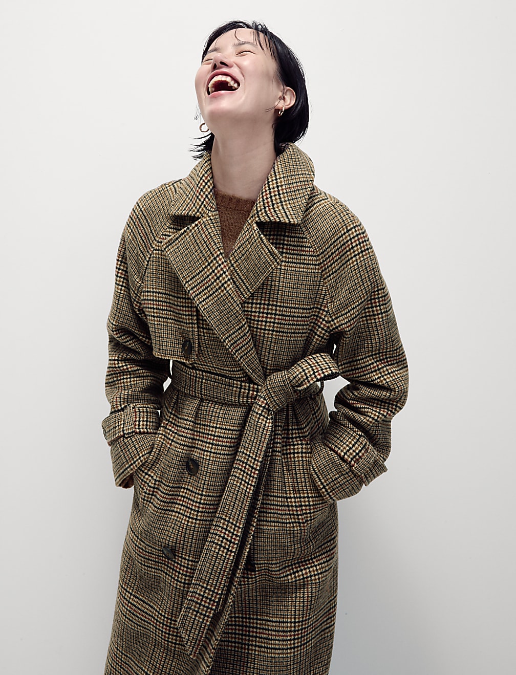 Checked Longline Trench Coat with Wool