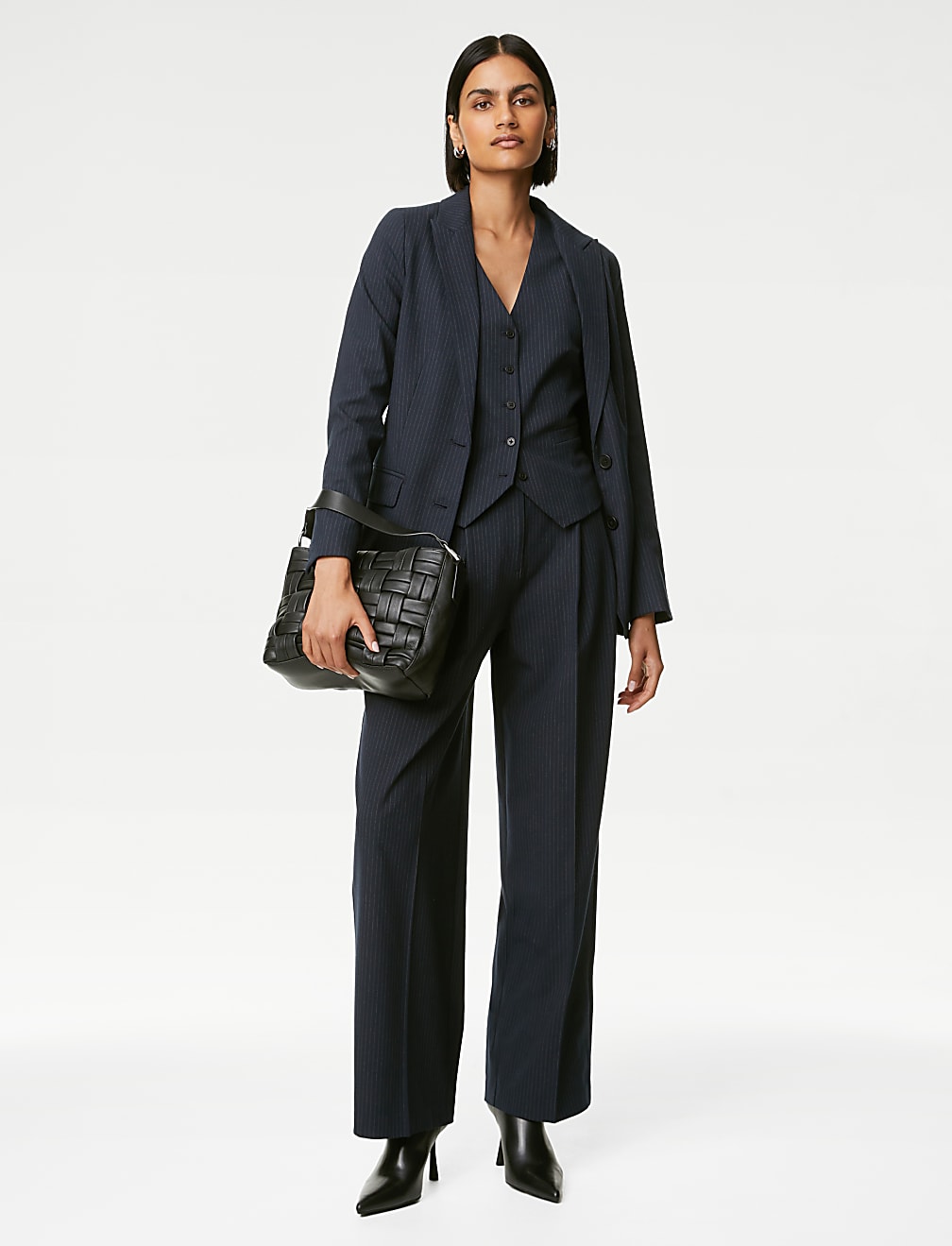 Pinstripe Pleat Front Wide Leg Trousers