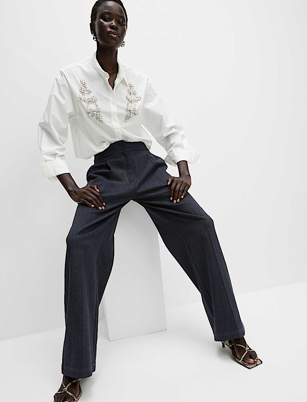 Cotton Blend Denim Look Wide Leg Trouser