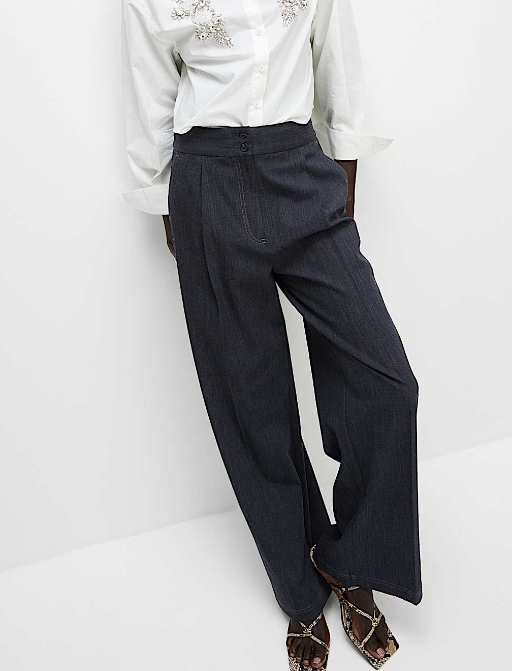 Cotton Blend Denim Look Wide Leg Trouser