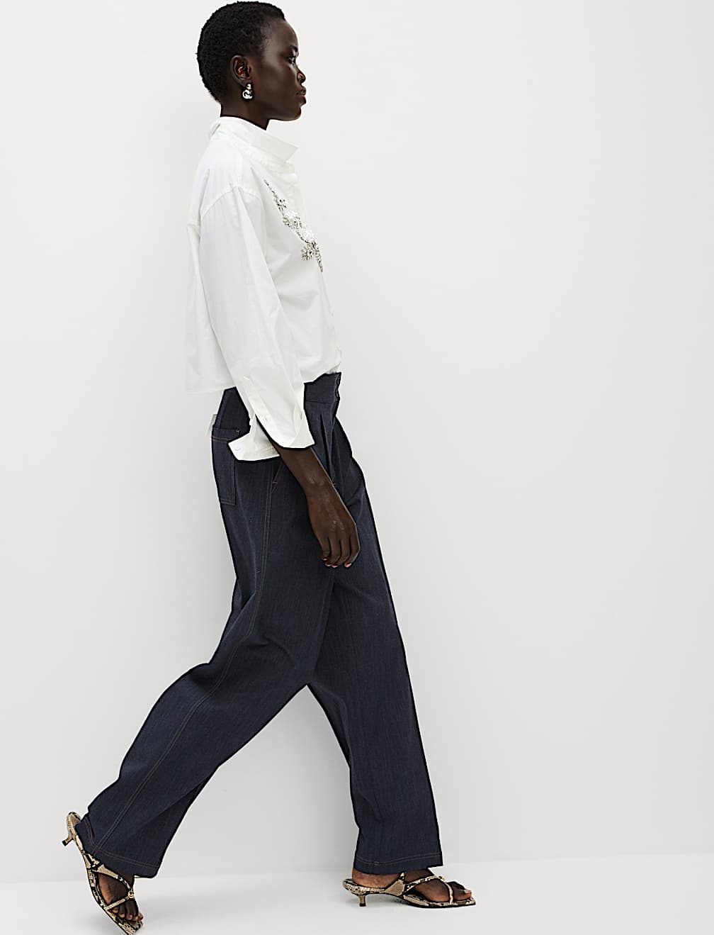 Cotton Blend Denim Look Wide Leg Trouser