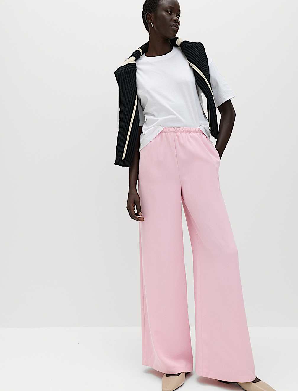 Crepe Elasticated Waist Wide Leg Trousers