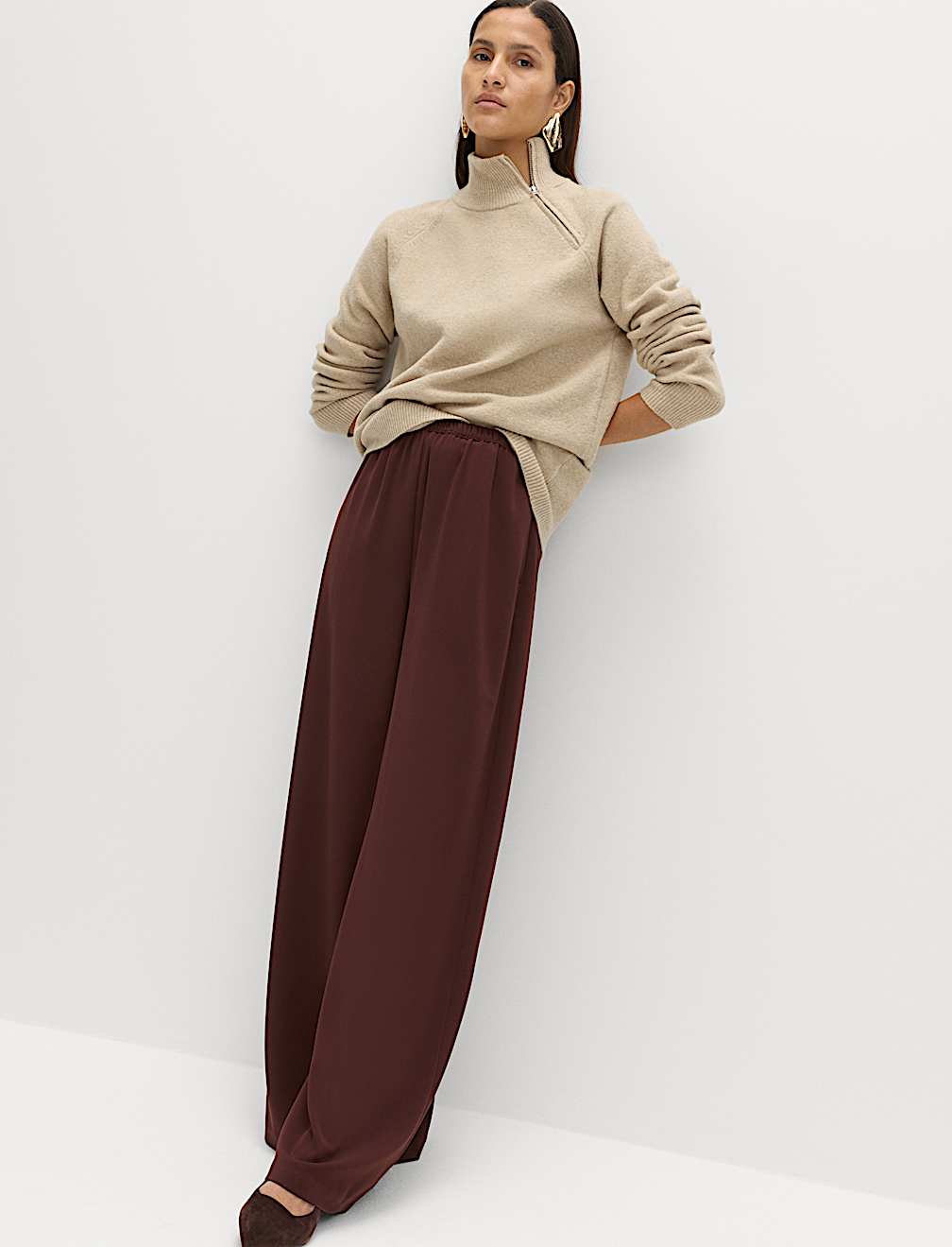 Crepe Elasticated Waist Wide Leg Trousers