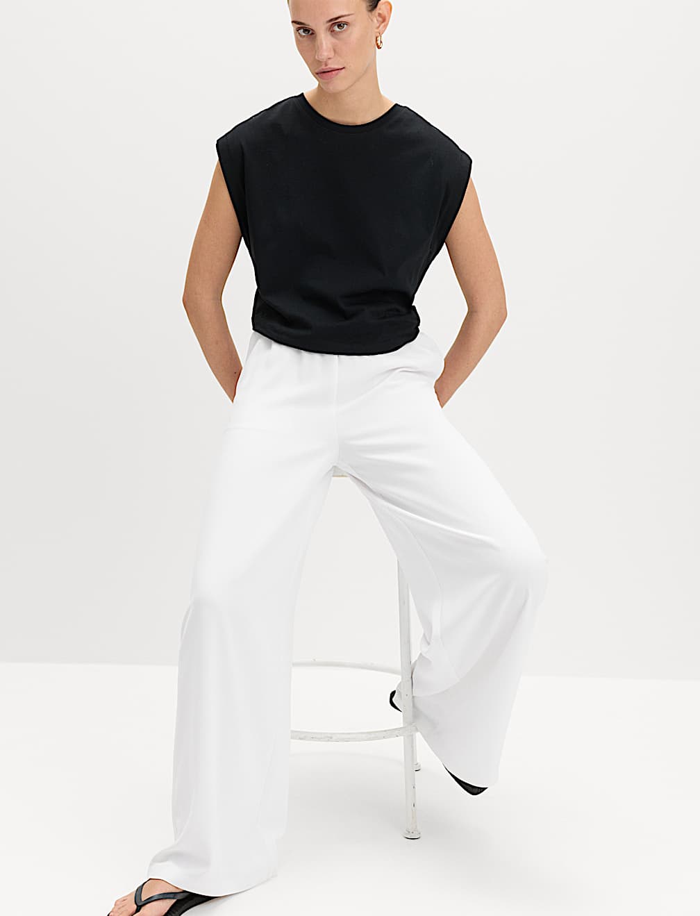 Crepe Elasticated Waist Wide Leg Trousers