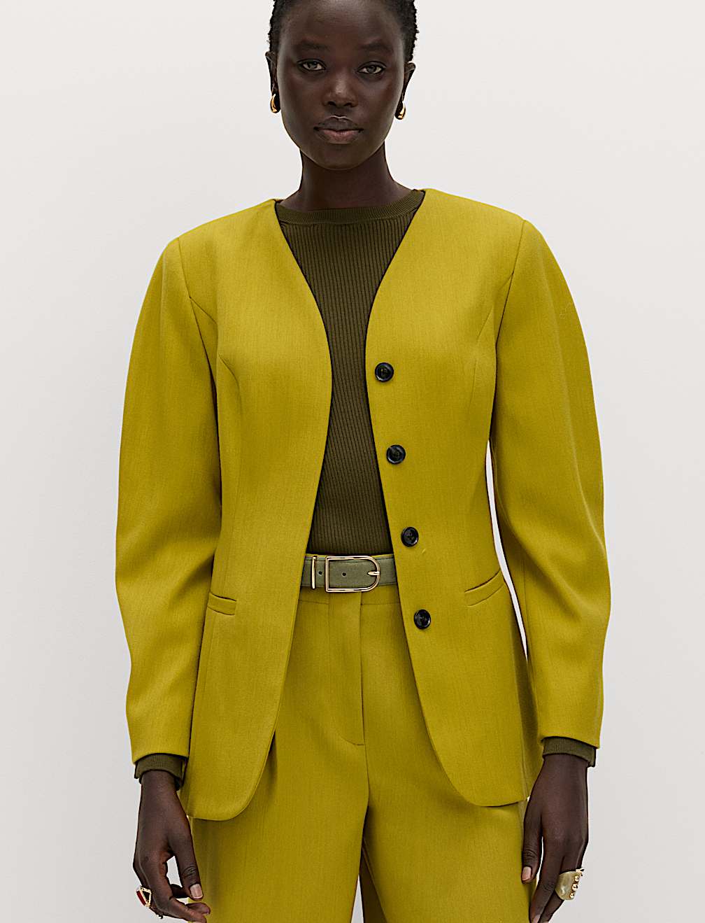 Sculpted Waisted Collarless Tailored Jacket