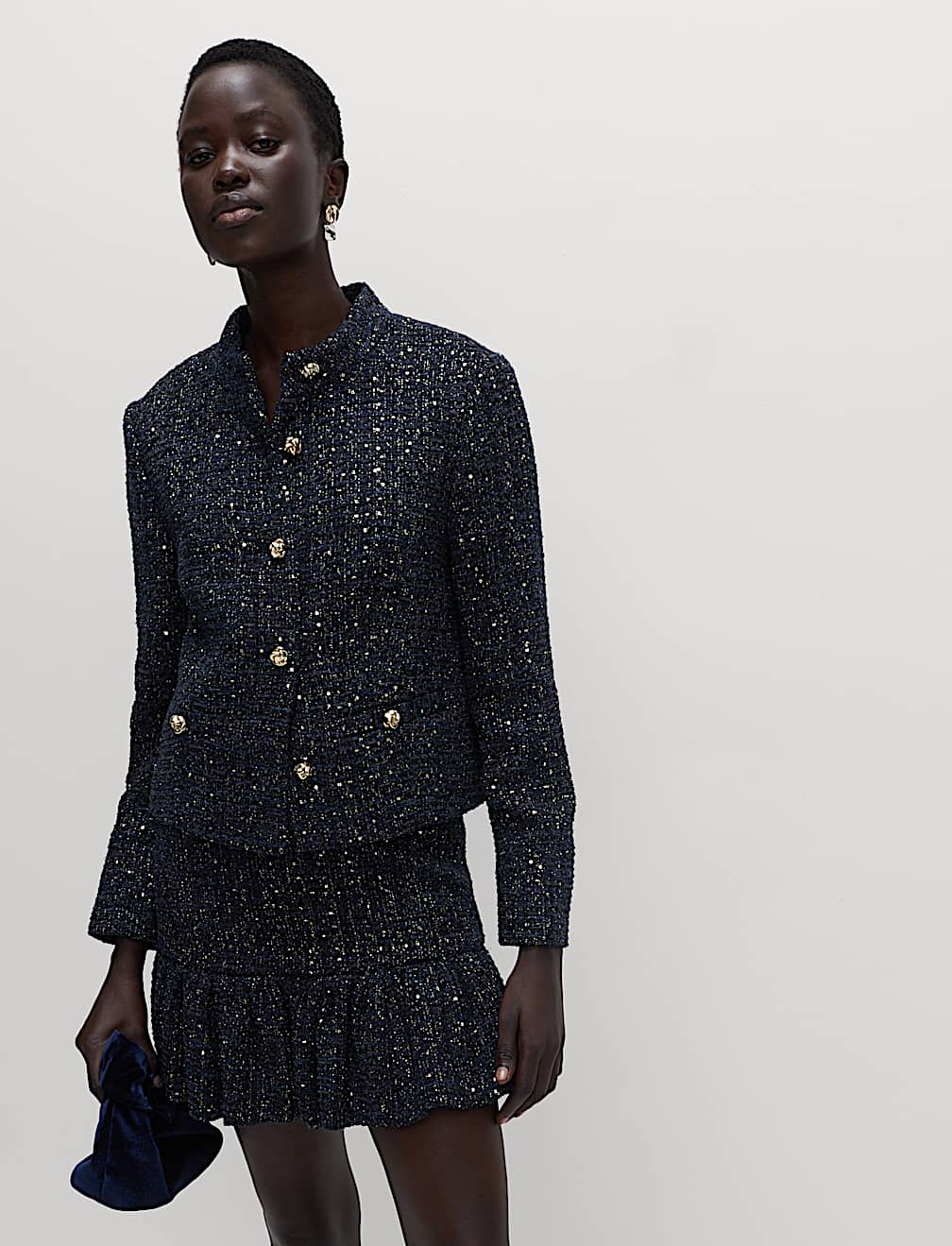 Tweed Sparkly Collarless Blazer with Wool