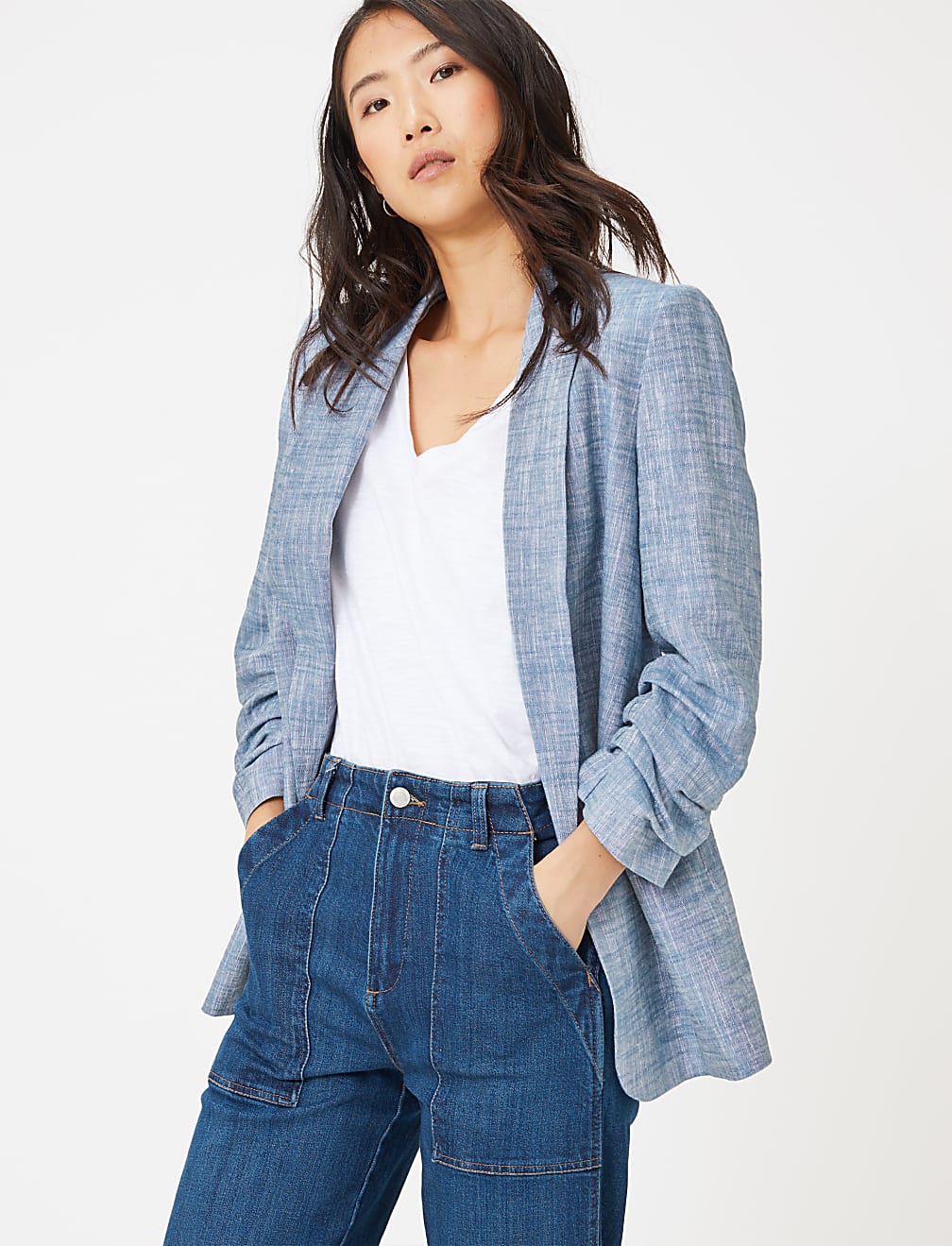 Linen Relaxed Ruched Sleeve Blazer