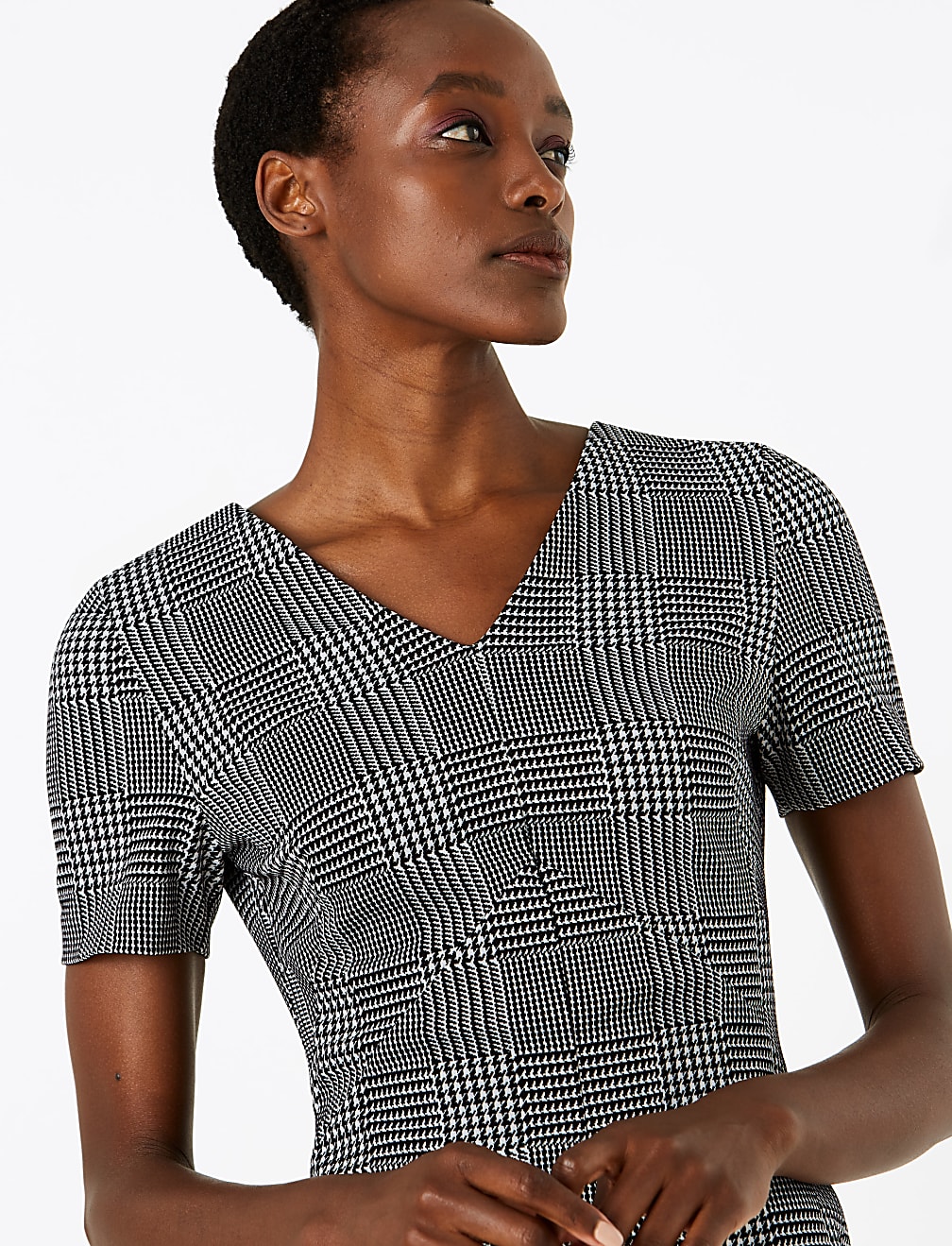 Jersey Checked V-Neck Midi Tailored Dress