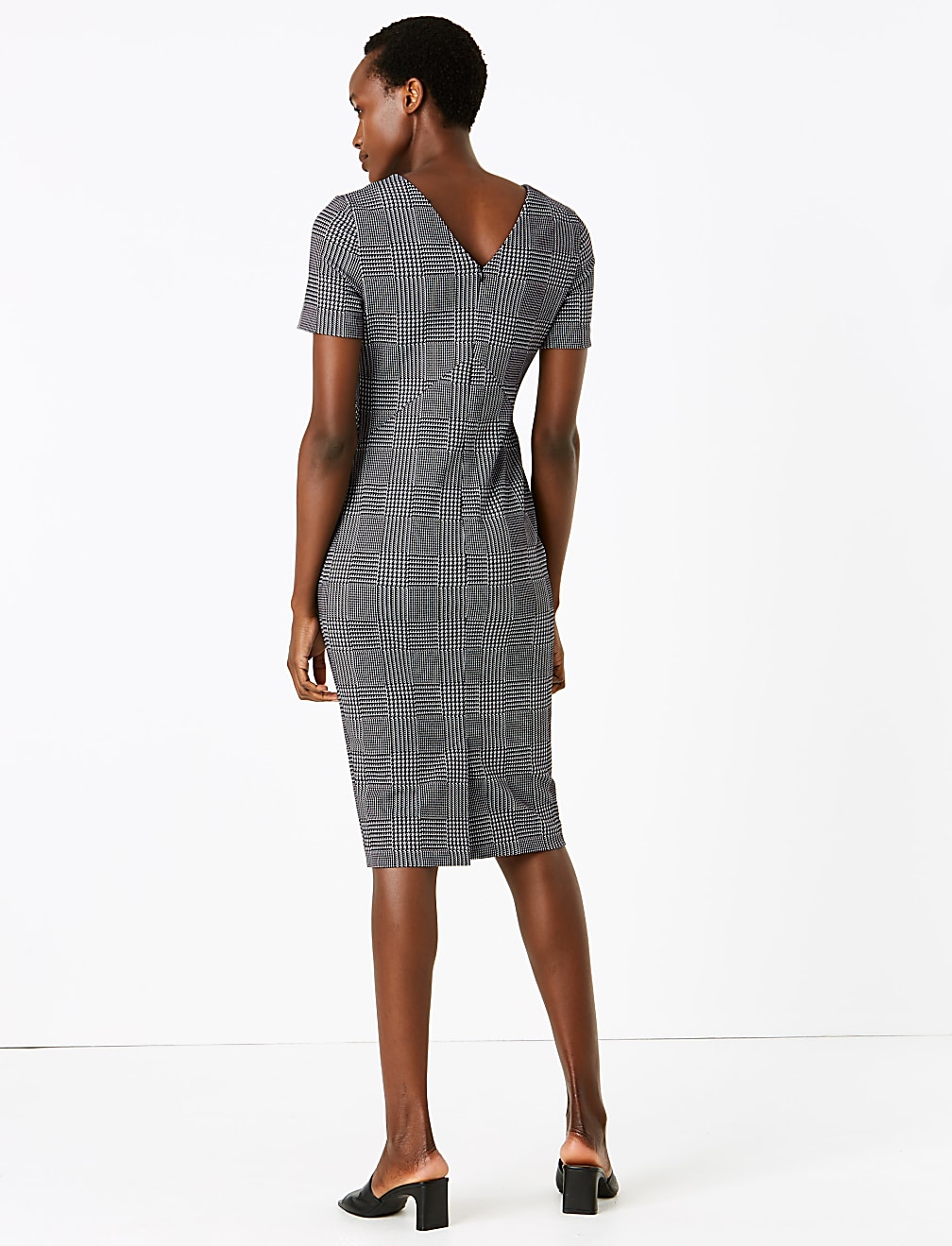 Jersey Checked V-Neck Midi Tailored Dress