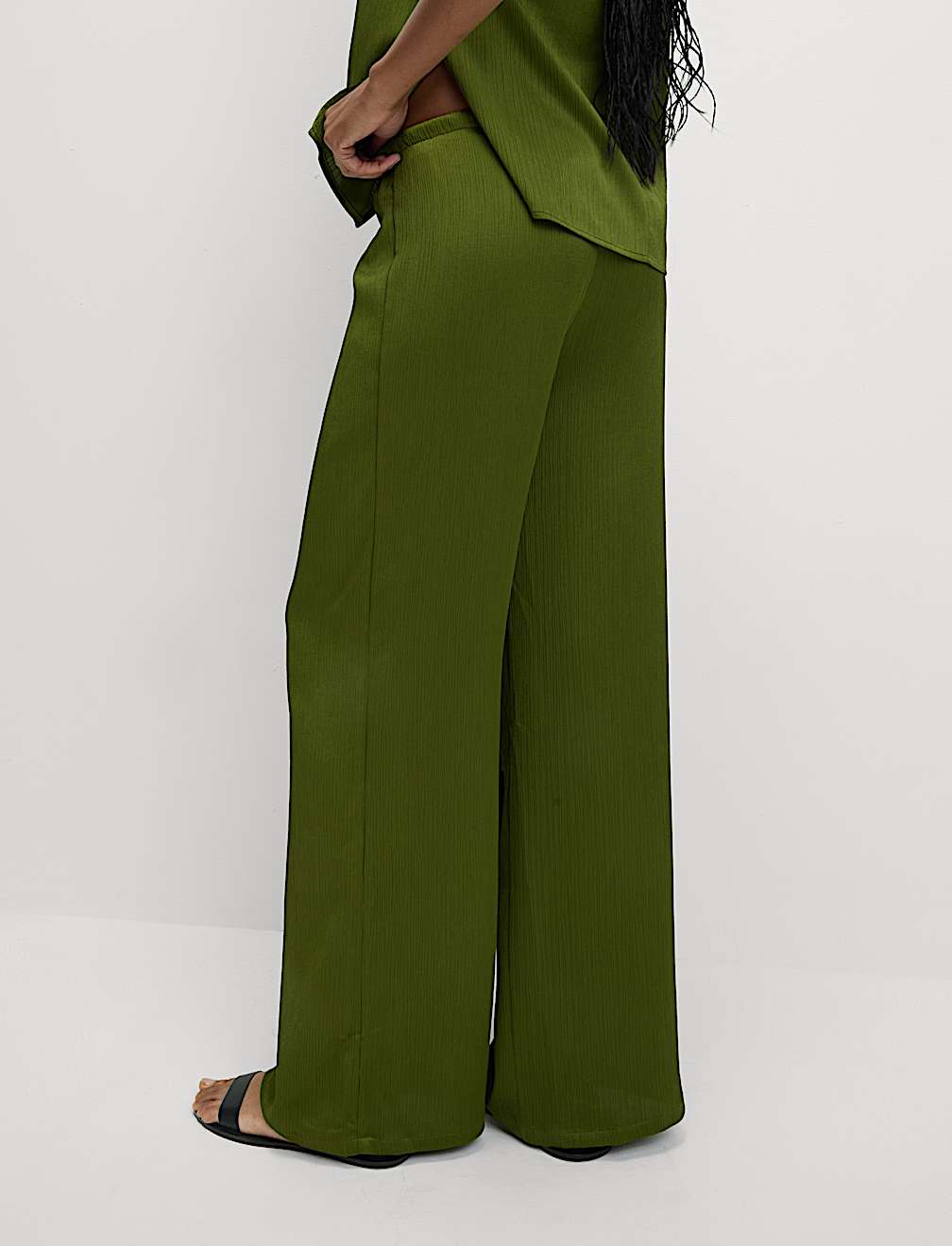 Plisse Drawstring Wide Leg Trousers