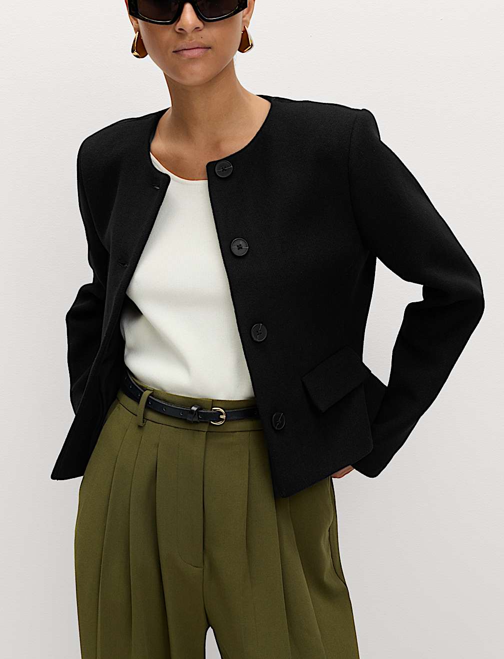 Collarless Jacket with Wool