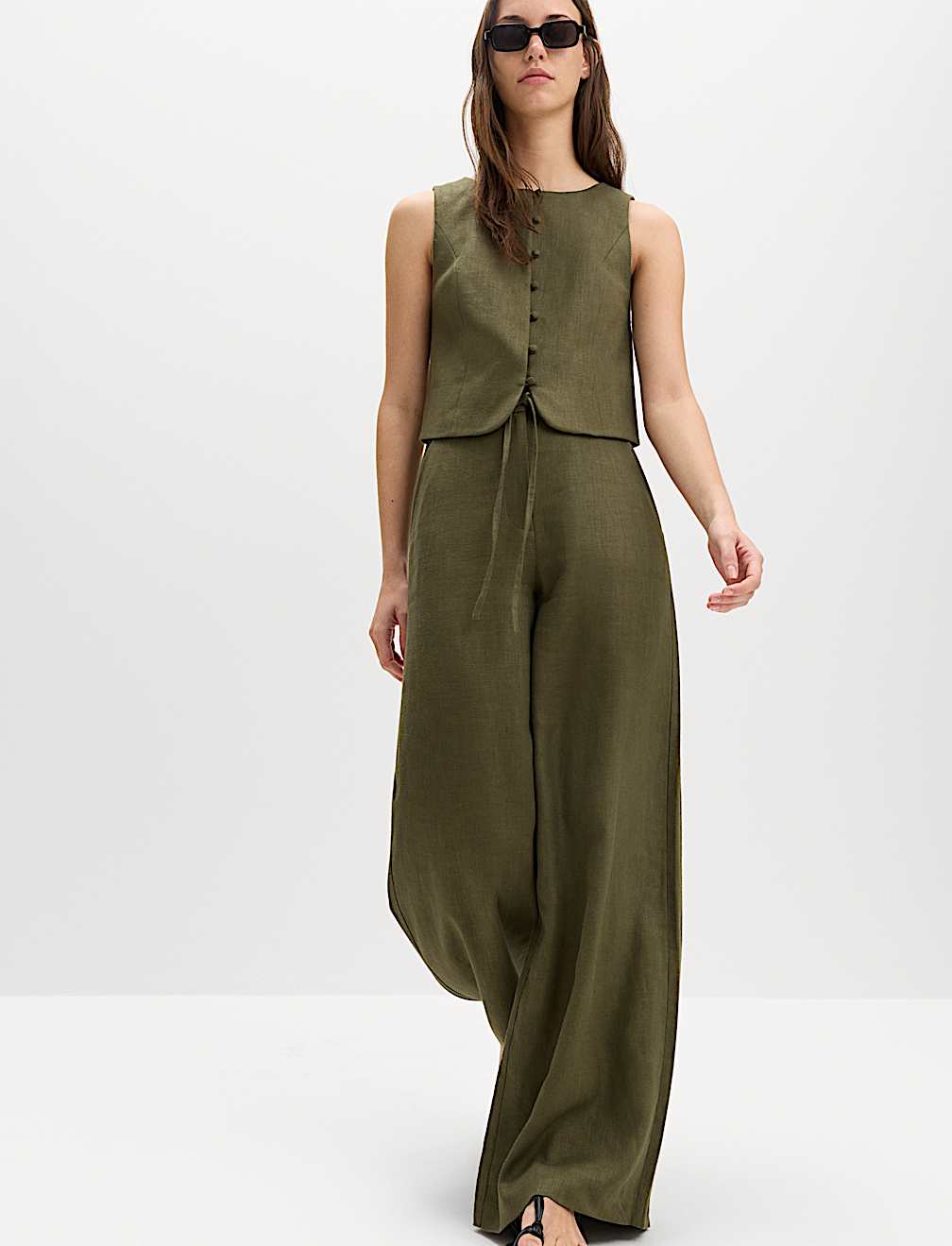 Linen Rich Twill Drawstring Wide Leg Trousers