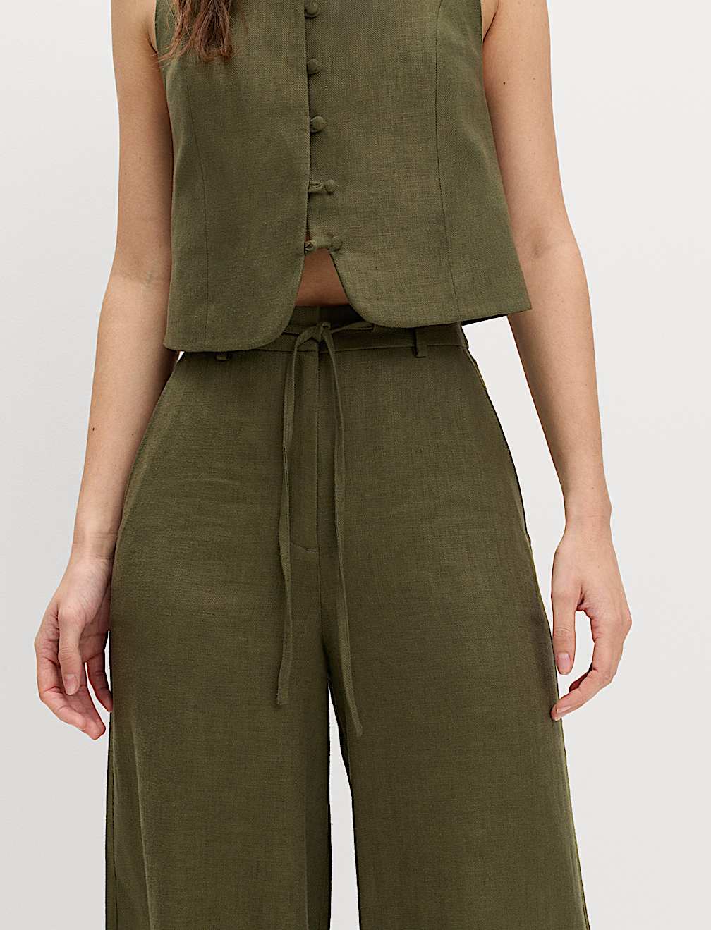 Linen Rich Twill Drawstring Wide Leg Trousers