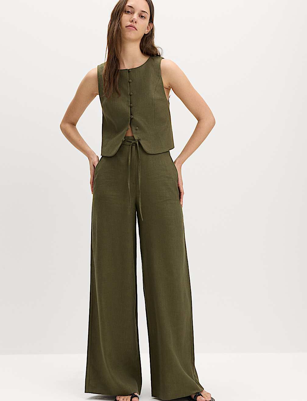 Linen Rich Twill Drawstring Wide Leg Trousers