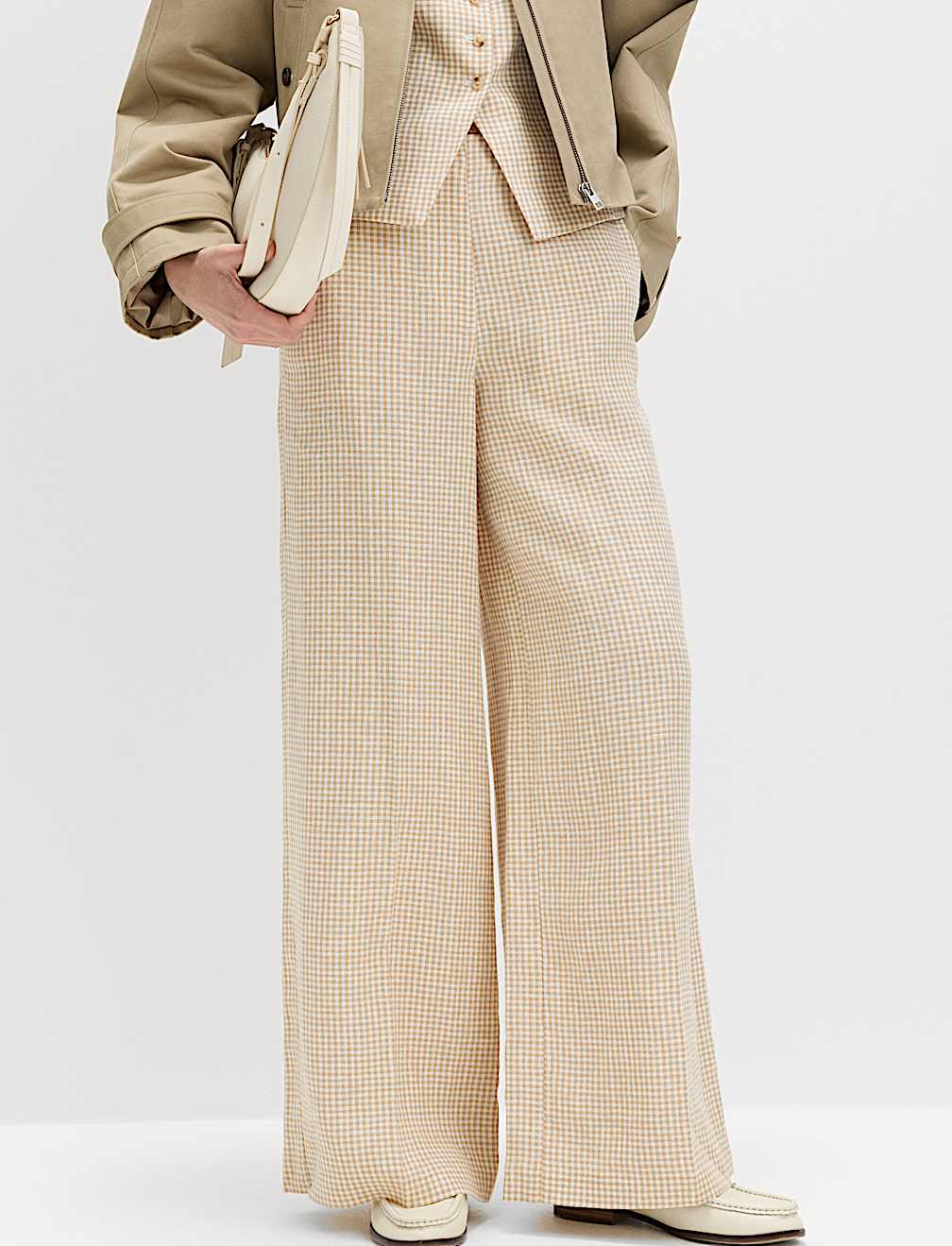 Pure Linen Gingham Wide Leg Trousers