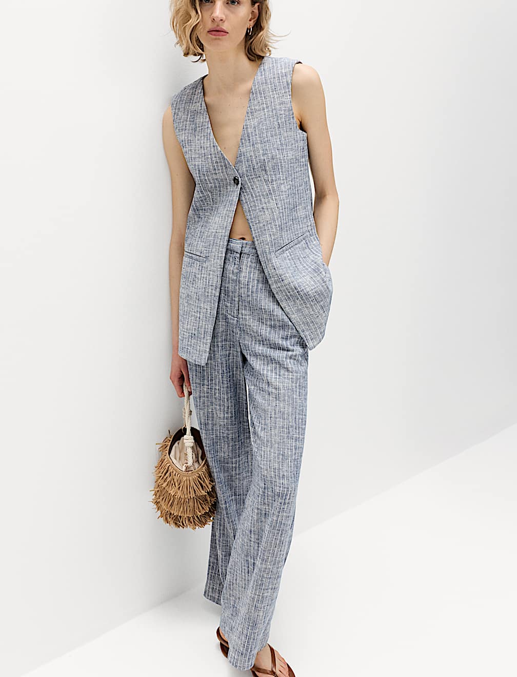 Linen Blend Striped Waistcoat